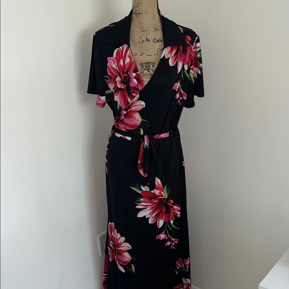 Ashley Stewart Floral Wrap Dress - Black and Pink